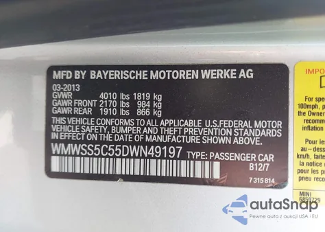 2013 Mini Paceman Cooper S из США, поврежденный, VIN WMWSS5C55DWN49197